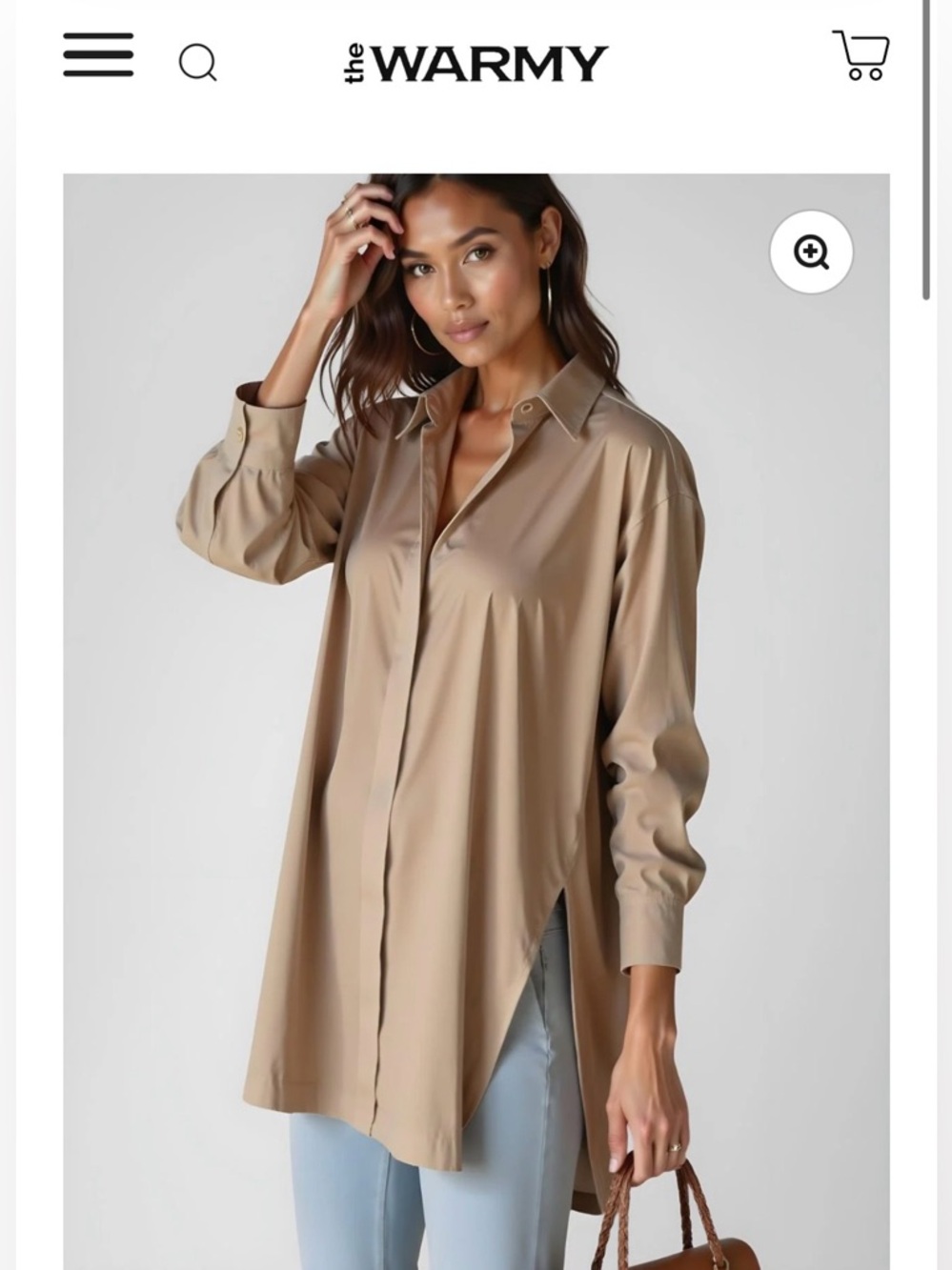 The Warmy Women's Longline Button-Up Tunic Shirt in Beige Size Large